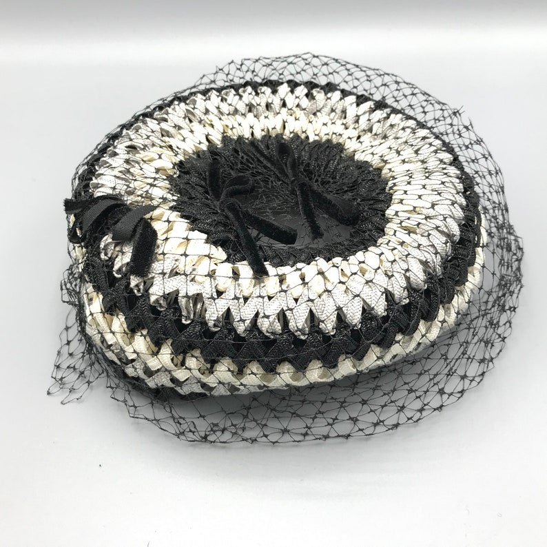 1960s Raffia Hat with Black Lace and Bows image 1