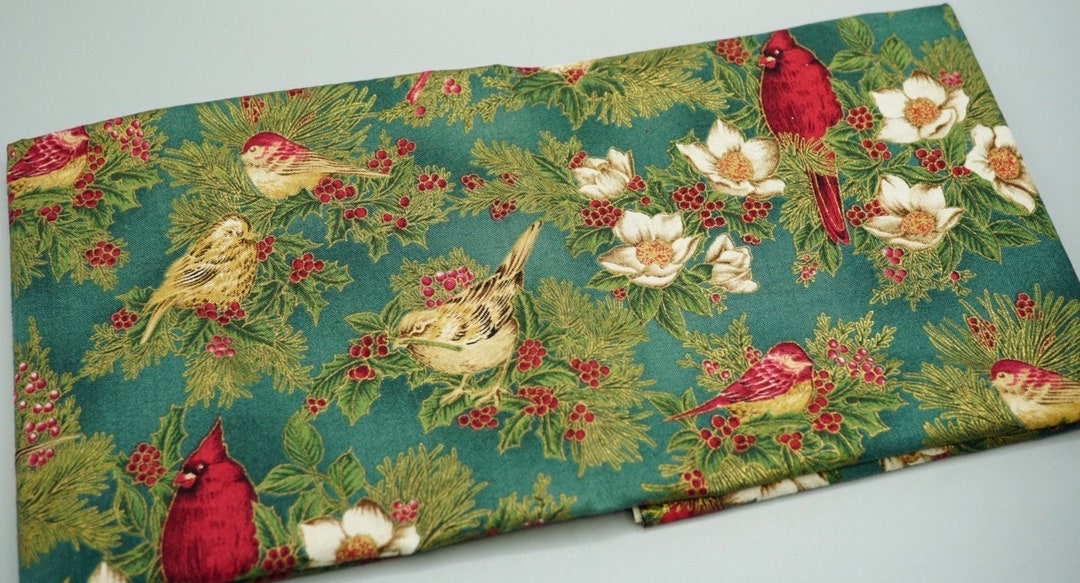 Cotton Quilting Fabric, Birds and Evergreens Pattern, Green, Gold, and