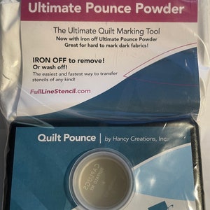 May include: A black plastic container with a white label that reads "Quilt Pounce by Hancy Creations, Inc." and "Ultimate Pounce Powder". The label also includes the text "The Ultimate Quilt Marking Tool" and "Now with iron off Ultimate Pounce Powder. Great for hard to mark dark fabrics!"  The container includes a small round silver disc with the text "Quilt Pounce" on it.