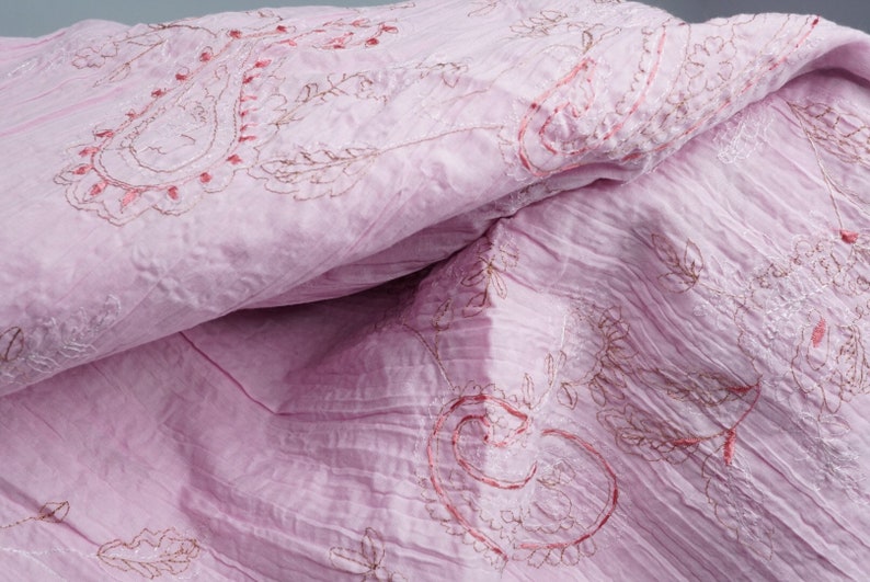 Vintage Embroidered Crinkled Cotton Fabric; Floral Paisley Pattern; Light Pink Color; 76 x 48 Previously Owned 2 Yards