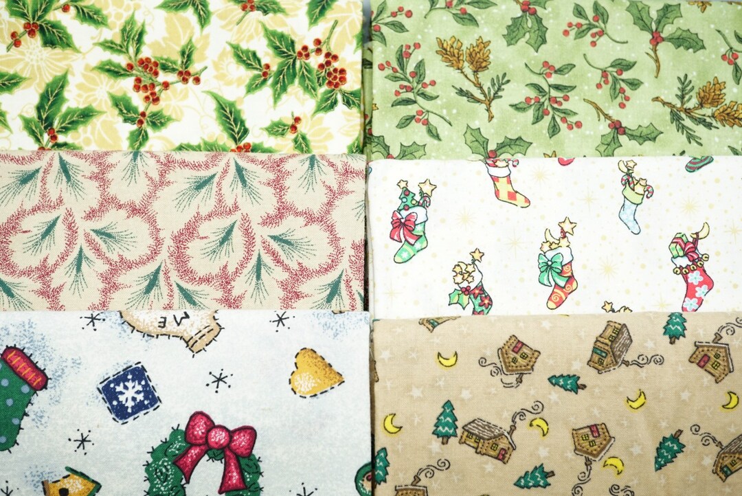 Christmas Cotton Quilting Fabric Pattern Red, Green, Gold, and White