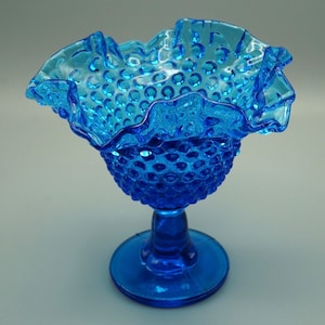 Fenton Glass Clear Hobnail Pedestal Dish in Cobalt Blue with Ruffled Lip, Previously Owned