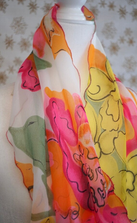 1970s Colorful Nylon Scarf, Bold Floral Pattern, R