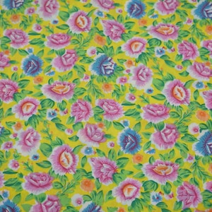 Quilter&#39;s Cotton Poplin Shirting Fabric; Floral Pattern; Yellow, Blue, and Pink Colors; 2 Separate Pieces
