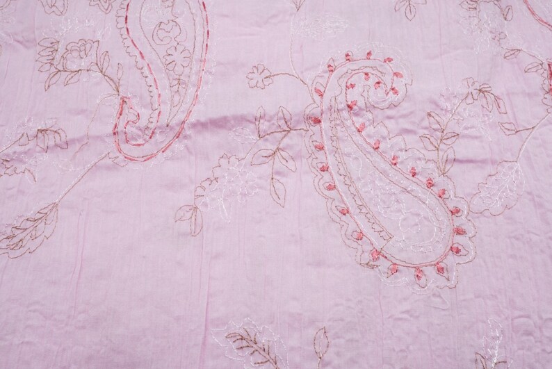 Vintage Embroidered Crinkled Cotton Fabric; Floral Paisley Pattern; Light Pink Color; 76 x 48 Previously Owned 2 Yards