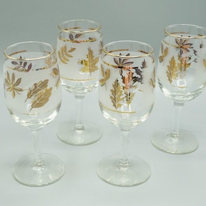 1960s Mid-Century Modern Libbey Gold and White Leaves, Set of Four, Stemmed Wine Glasses; Previously Owned
