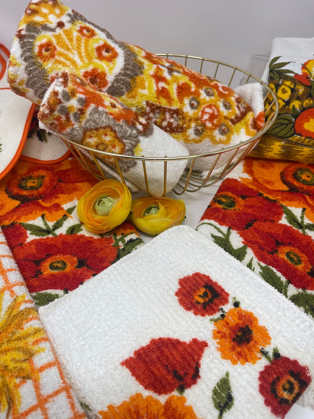 Gorgeous 1970's Floral Cannon 9 Piece Kitchen Set 70's Floral Apron ...