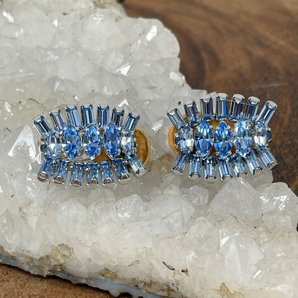 Vintage Sherman Sapphire Blue Earrings  |  Opalescent Rhinestone Earrings | Stunning Sherman 1950's Jewelry |  Vintage 50's Brooch |