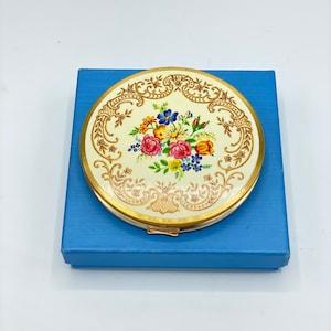 Vintage Floral Compact Made in England, Vintage Floral on Gold Compact, Powder Compact, 60&#39;s Compact, Vintage Pocket Mirror
