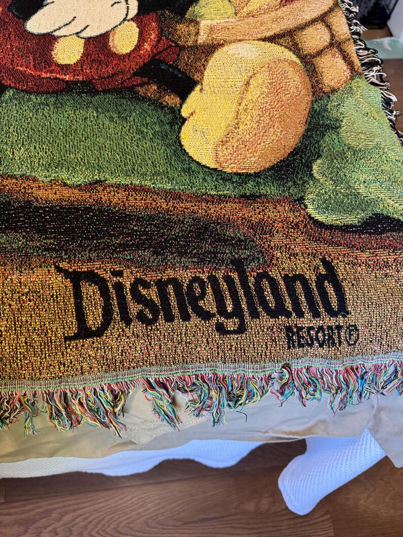 K&ouml;nnte beinhalten: Eine gewebte Disneyland Resort-Decke mit einem farbenfrohen Bild von Mickey Mouse und anderen Figuren. Die Decke hat einen Fransenrand mit mehreren Farben und den schwarzen Worten "Disneyland Resort".