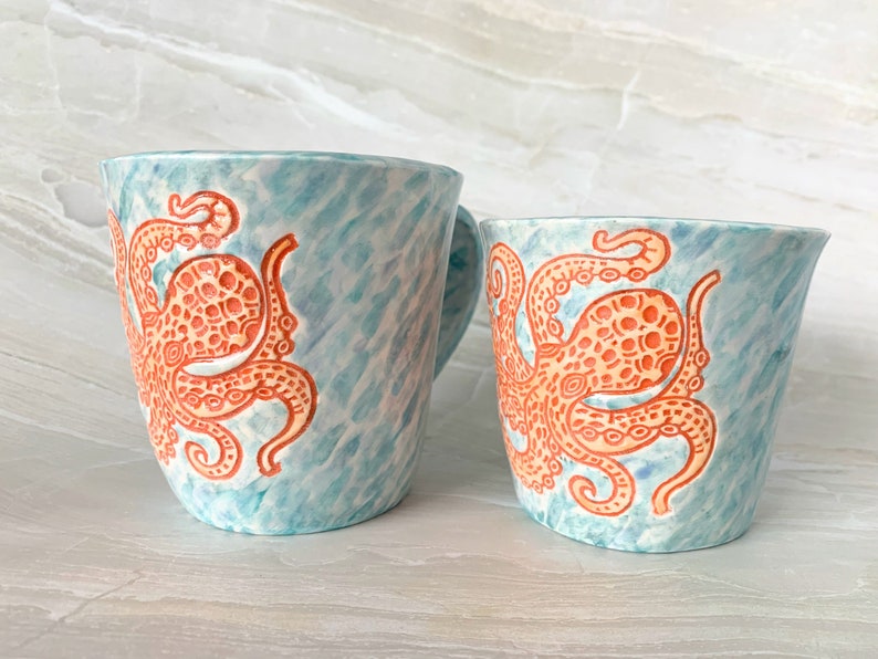 Handmade Ceramic Mug, orange and watercolor octopus in 8oz or 14oz Bild 4