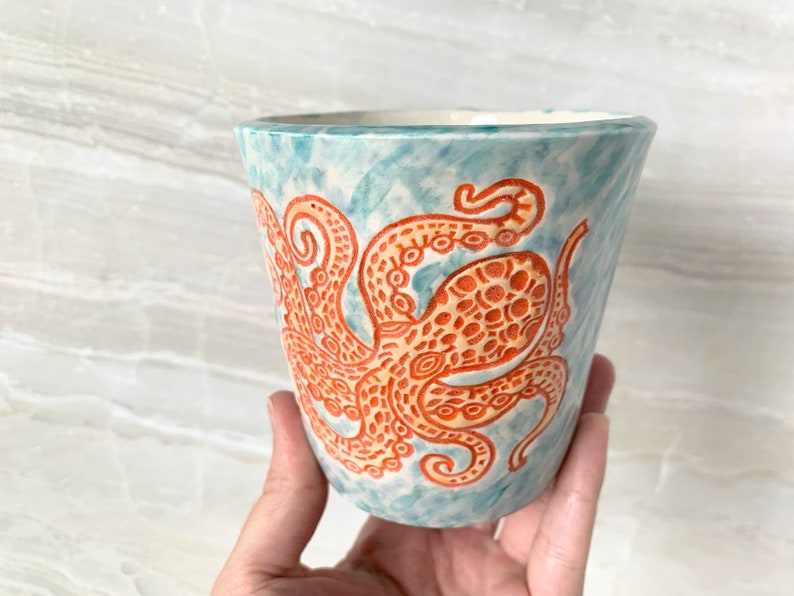 Handmade Ceramic Mug, orange and watercolor octopus in 8oz or 14oz Bild 6