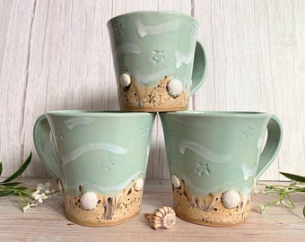 Handmade beach / ocean style mug with seashells and turtles, 14oz or 8oz