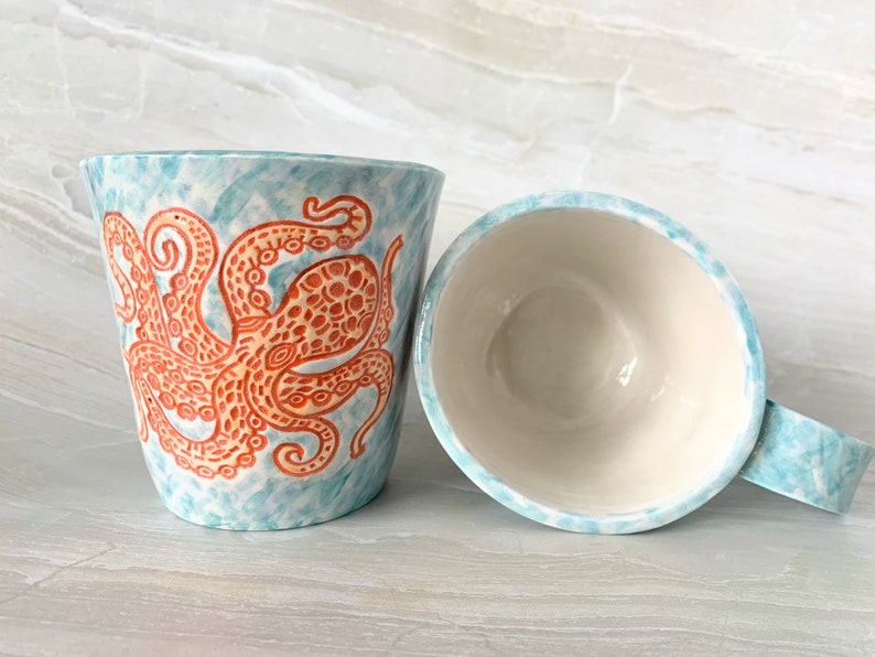 Handmade Ceramic Mug, orange and watercolor octopus in 8oz or 14oz Bild 2