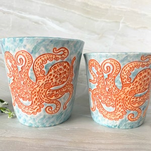 Handmade Ceramic Mug, orange and watercolor octopus in 8oz or 14oz