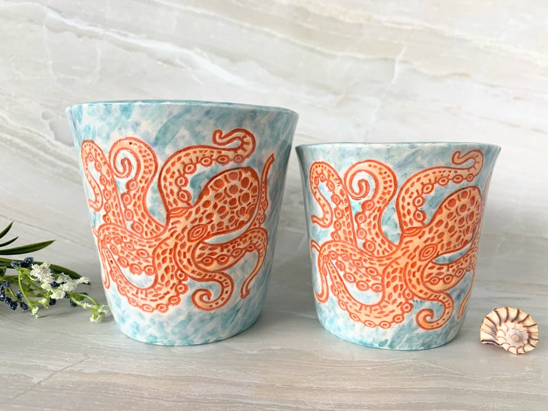 Handmade Ceramic Mug, orange and watercolor octopus in 8oz or 14oz Bild 1