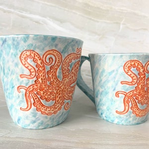 Handmade Ceramic Mug, orange and watercolor octopus in 8oz or 14oz Bild 3