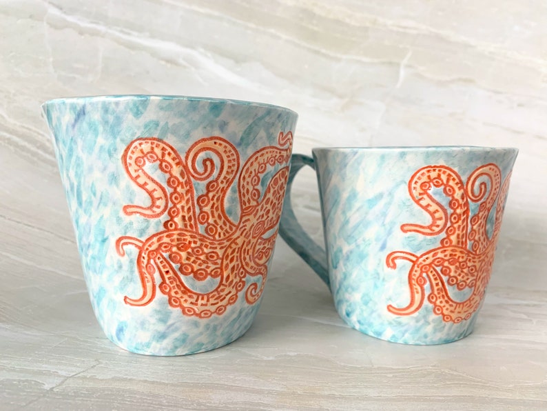 Handmade Ceramic Mug, orange and watercolor octopus in 8oz or 14oz Bild 3