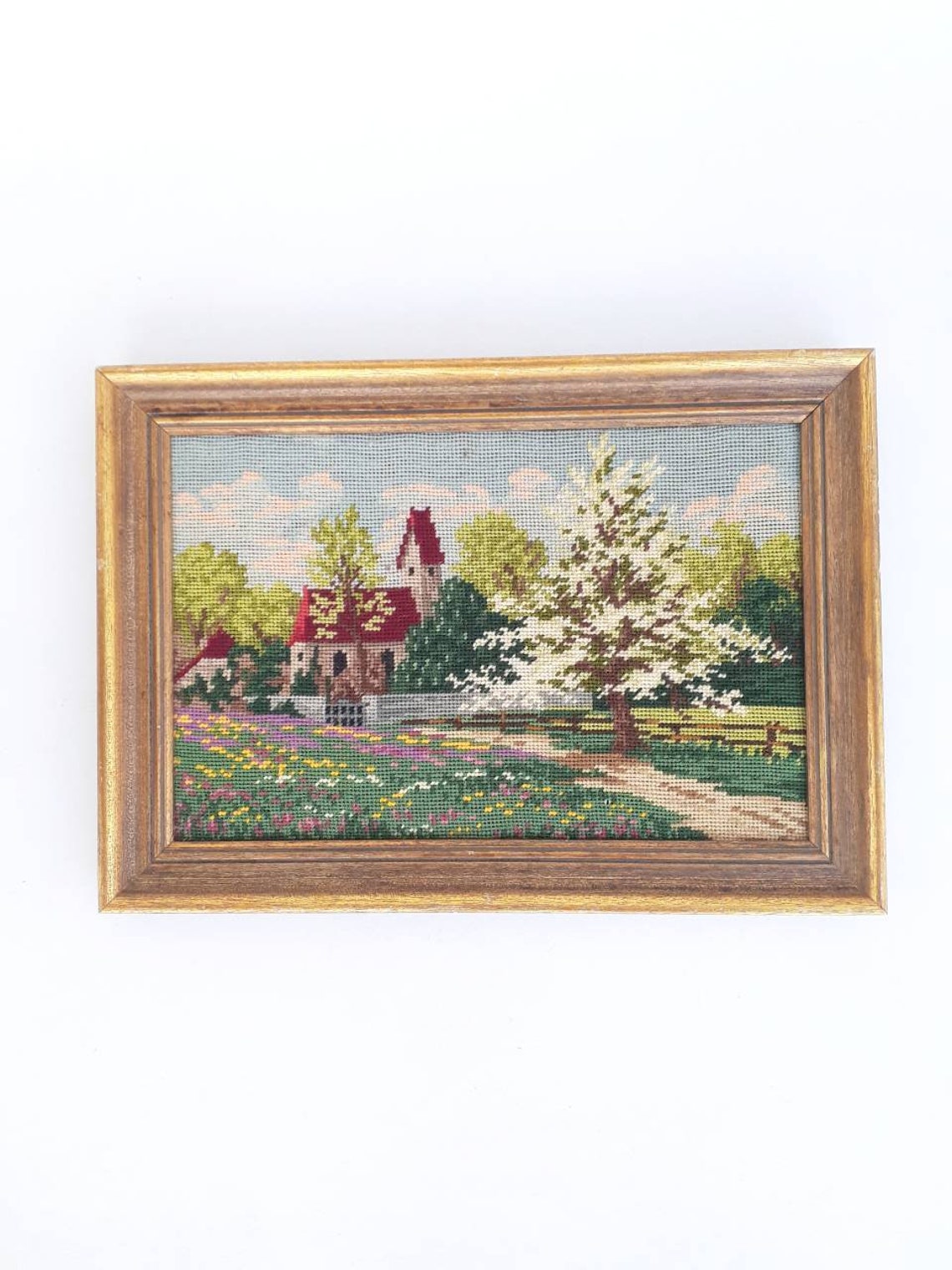 Vintage Needlepoint Landscape Framed Art Cottage Wall Art Etsy