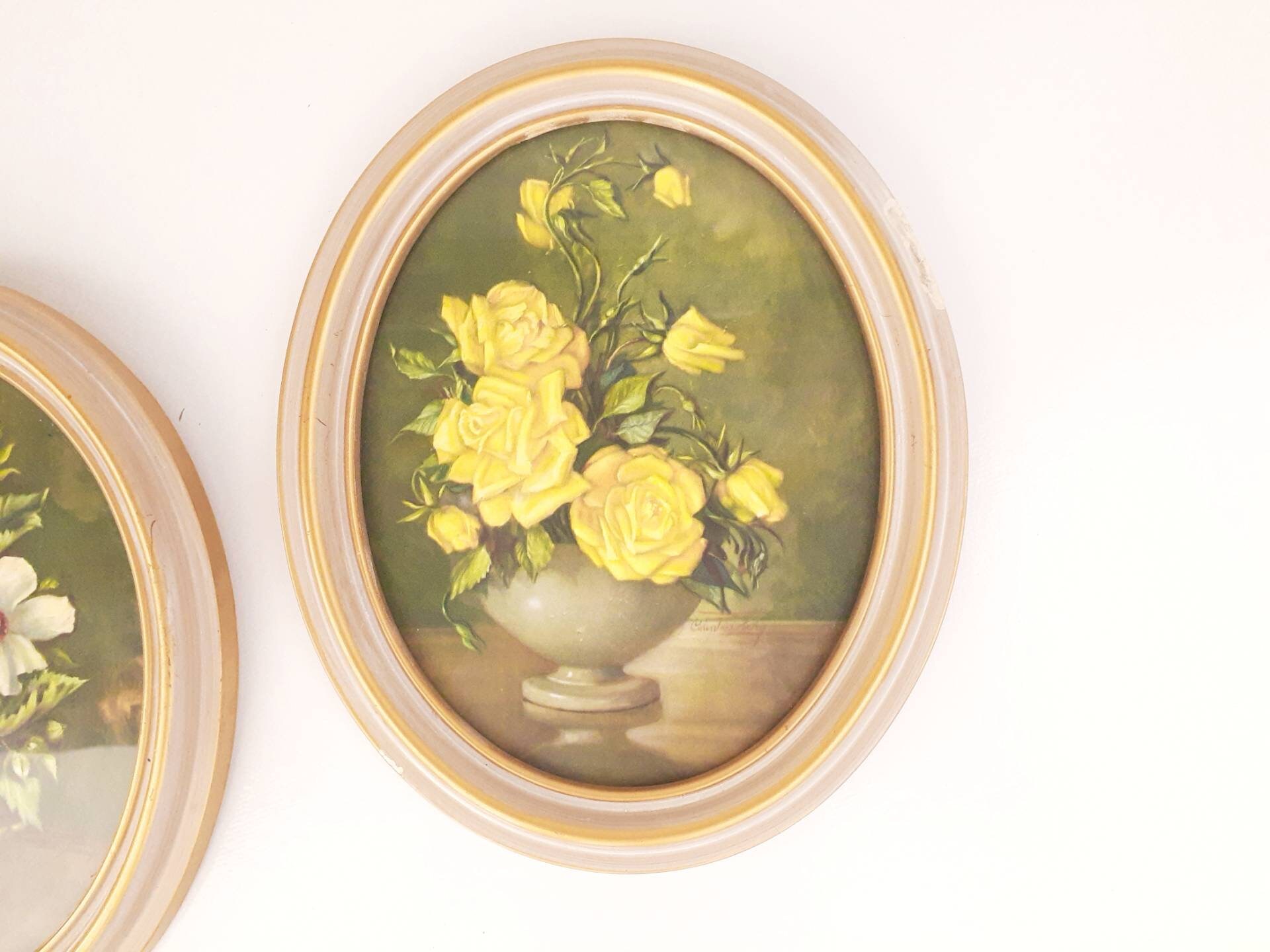 Vintage Oval Framed Floral Prints Victorian Wall Decor Etsy