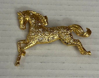 Horse Lovers Gold Brooch with Rhinestones Pearl Eye 3”