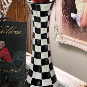 Black and white checkered pillar candleholder ceramic hand painted and varnished 16X6 tall table/mantle decor