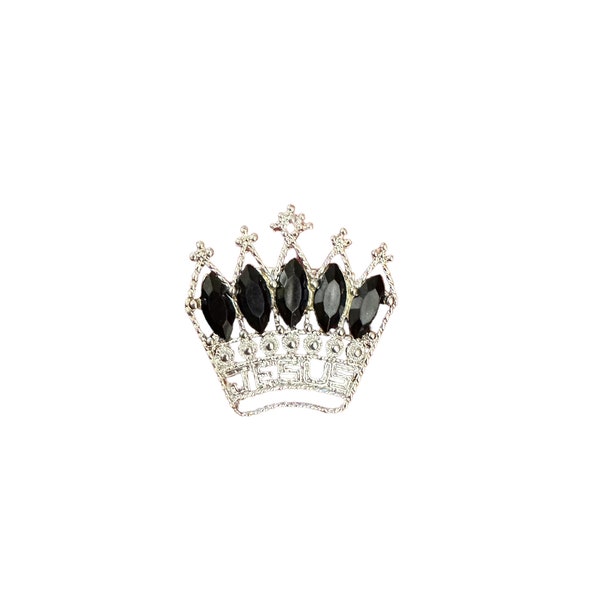 Jesus Crown Black Rhinestone Brooch Pin SilverTone Marquise Shaped Faux Stones Intricate Design 1.75”X1.5” Rare Silver Tone One Of A kind