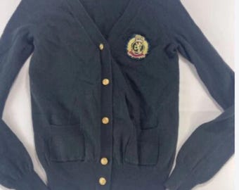 vintage Heritage Black Cardigan sweater with gold crest on front and gold buttons