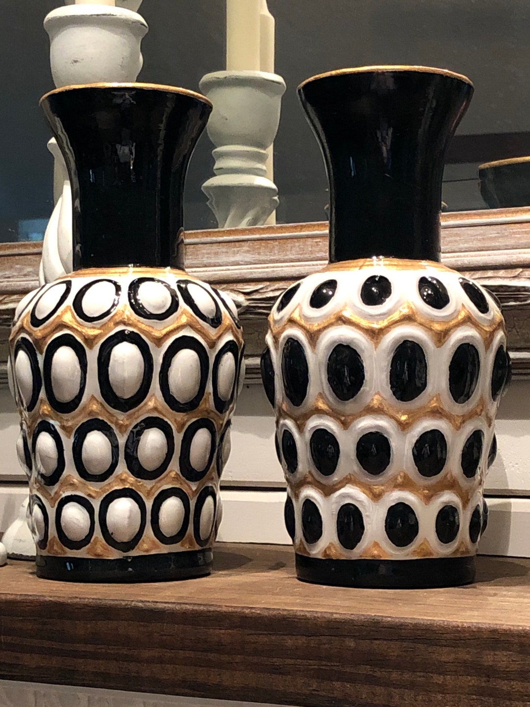 Vases Black and White Abstract Design Gold Accents Set of 2 - Etsy