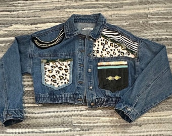 Dionne J Designs Original Cropped Denim Child’s Size Large Jacket Custom Designed One-Of-A-Kind Handmade Lits of Embellishments