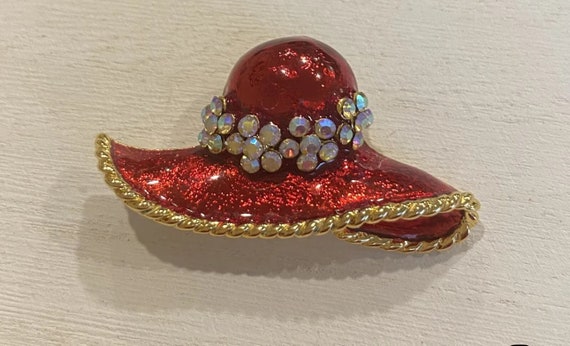 Vintage Red Metallic Hat Purple Rhinestones Scarl… - image 1