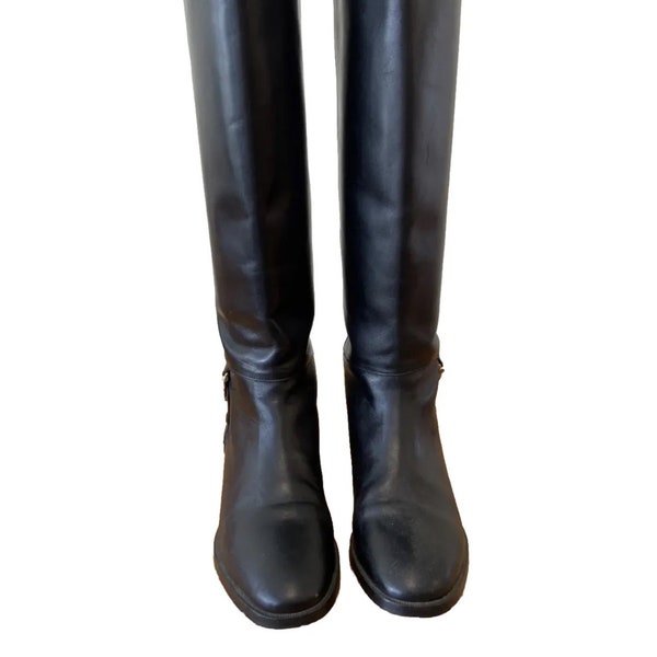 Aigner Riding Boots Black Leather Size 7 Pull On Knee High Low Heel