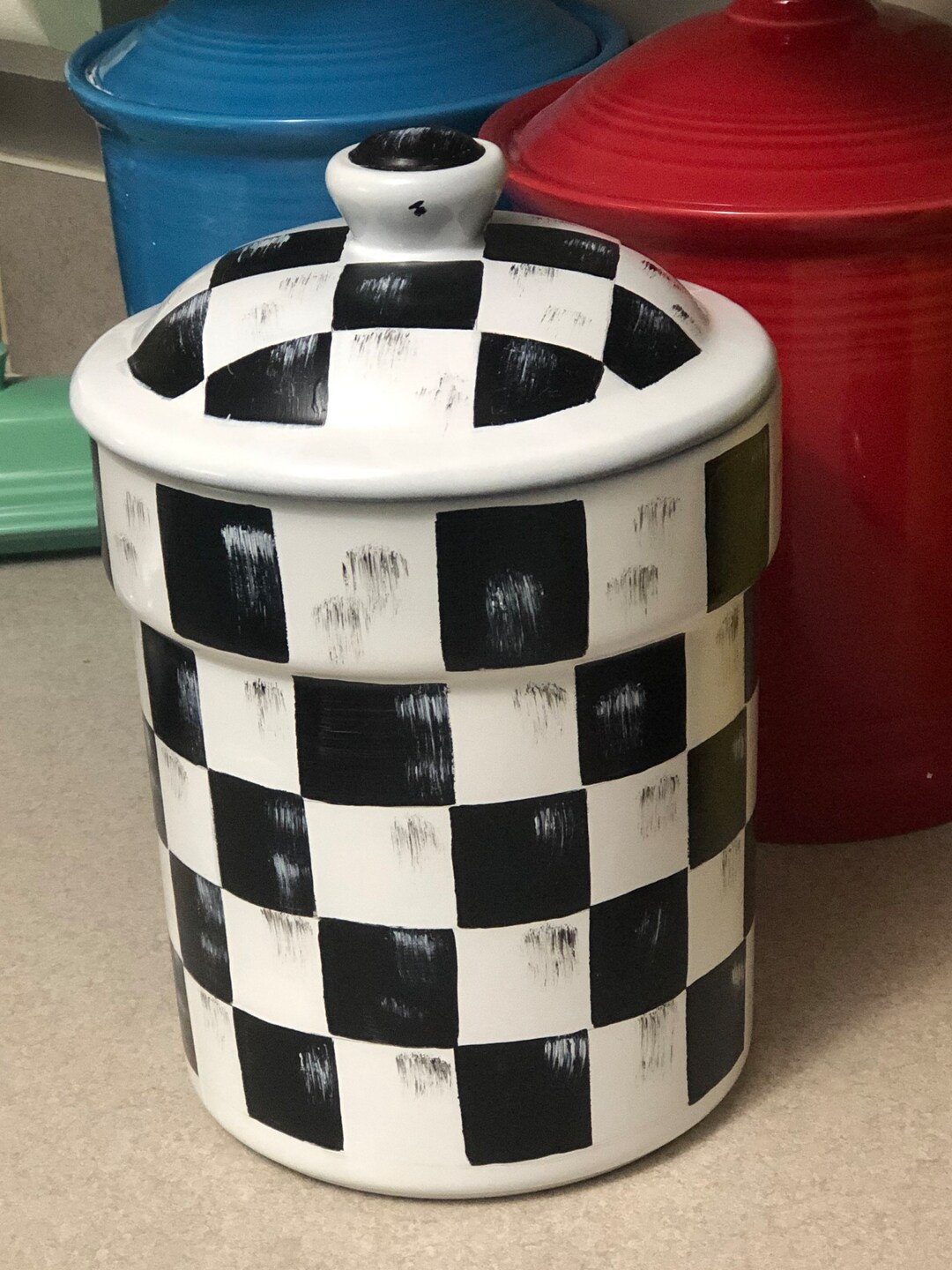 Cookie Jar Canister Ceramic Painted Black and White Checked Height 10