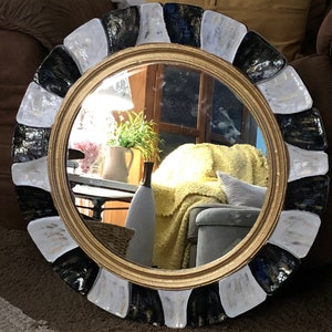 wood wall mirror black and white hand painted abstract 28 1/2” diameter