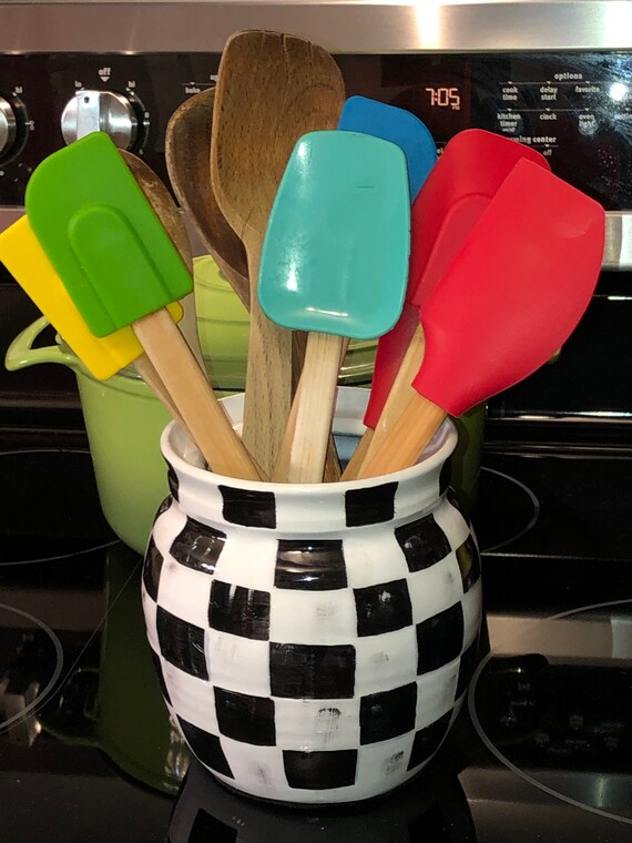 Checkered Utensil crock Black and white gold accents Etsy