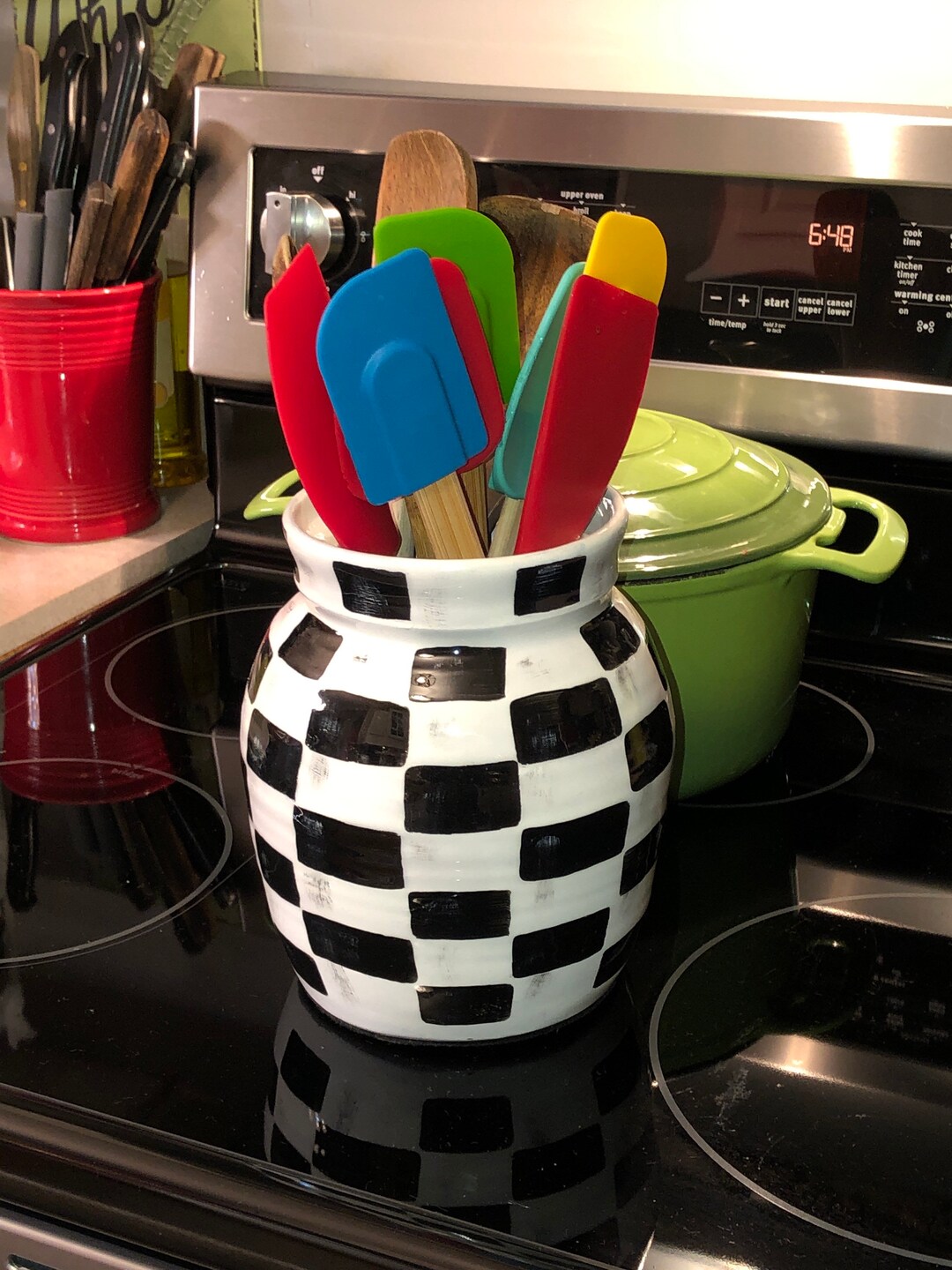 Utensil Ceramic Crock Black and White Checked 8X7 Whimsical Kitchen ...