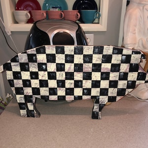 Distressed rustic cutout wood pig painted black and white checked Black and white 22X11 3/4
