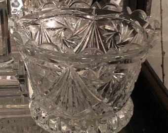 Fine lead Crystal bowl heavy deep cut glass height 5 1/4”diameter 8 1/4” scalloped edges
