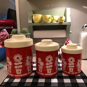 Atapco canisters Red and  white aluminum Nesting set of 3 vintage canisters collectible kitchen decor