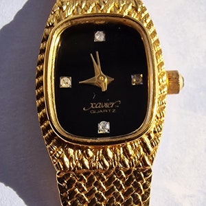 Vintage Xavier Quartz Watch Women Gold Tone Black Rectangle Mesh NEW BATTERY Etsy