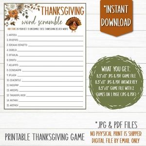 Thanksgiving Word Scramble Game | Printable Games | Fall Games | Instant Download