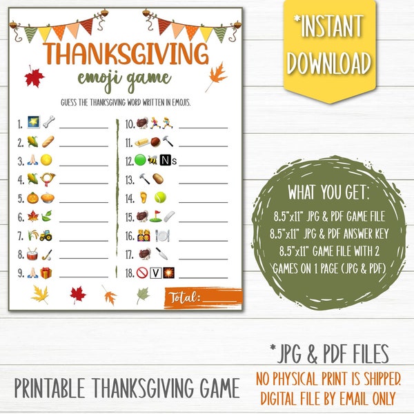 Thanksgiving Emoji Game | Printable Games | Fall Games | Instant Download