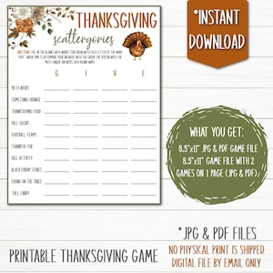 Thanksgiving Scattergories Game | Printable Games | Fall Games | Instant Download