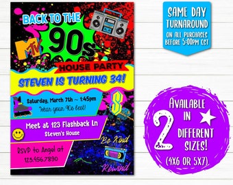90's Birthday Party Invitation | Printable 90's Themed Invitation | Digital File