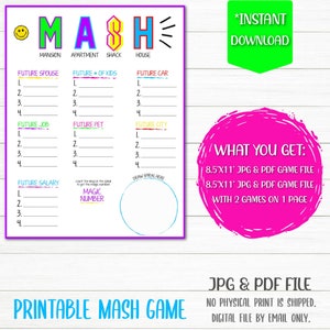 May include: A printable MASH game with a colorful design. The game includes categories like future spouse, future job, future pet, and future city. The game is available as a digital download in JPG and PDF formats.