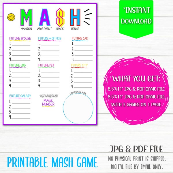 MASH Game Printable | MASH Game Digital File | Instant Download