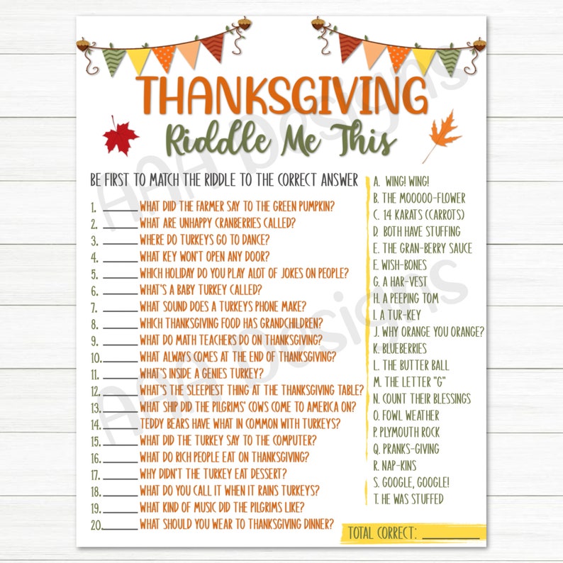 Thanksgiving Riddle Me This Game Printable Games Fall Etsy