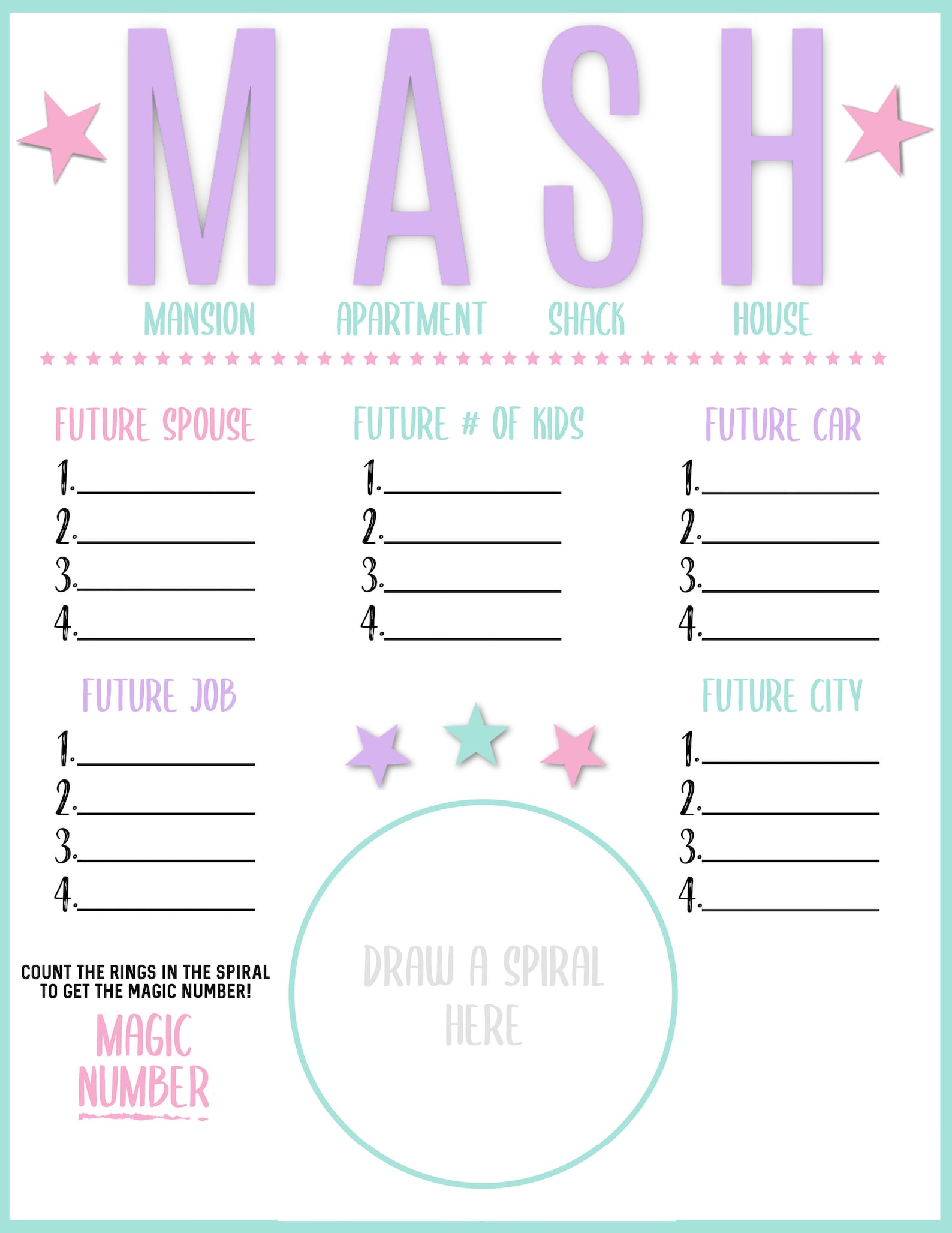 MASH Game Printable MASH Game Digital File Instant | Etsy