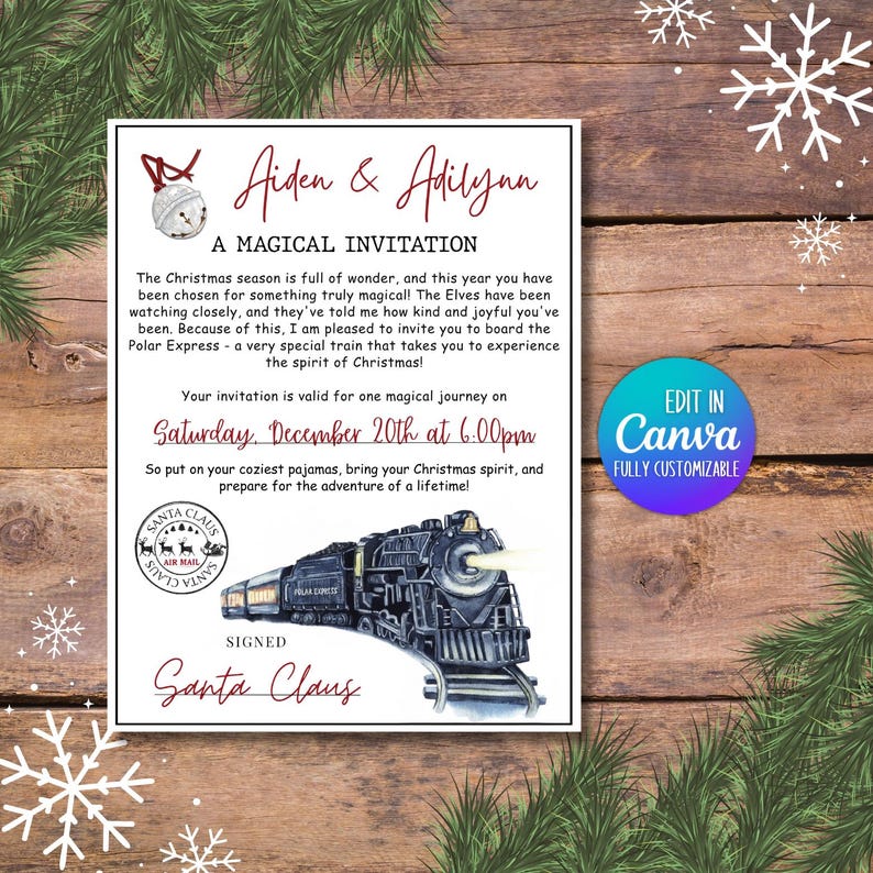Invitación de tren navideño / Plantilla editable de Canva / Carta a Papá Noel / Descarga digital instantánea imagen 1