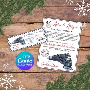 May include: A festive invitation and ticket set with a Polar Express train design. The invitation includes text, "A Magical Invitation," and details for a magical journey. The ticket reads "All Aboard The Polar Express."